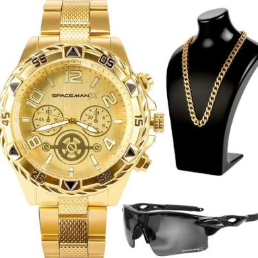 Imagem de Kit Relógio Masculino Analógico Aço Inox Banhado a Ouro 18k Óculos de 