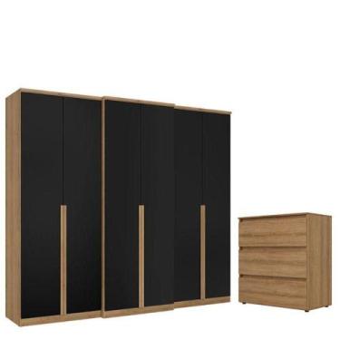 Imagem de Guarda Roupa Casal Valência 6 Portas Capuccino Preto E Cômoda Gaveteir