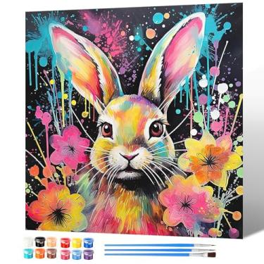 Imagem de GHHKUD Kits de pintura colorida de coelho por números para adultos, pintura DIY por cores, adultos, crianças, coelhos, pintura fácil, presentes de Páscoa em tela, para decoração de casa, 35 x 35 cm