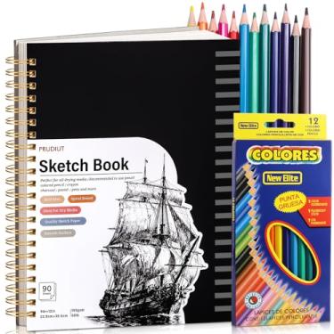Imagem de Caderno de esboço com conjunto de 12 lápis de cor, caderno de esboço espiral de 90 folhas para desenho (30,8 kg/100 gsm), bloco de esboço sem ácido, materiais de desenho de papel de arte para