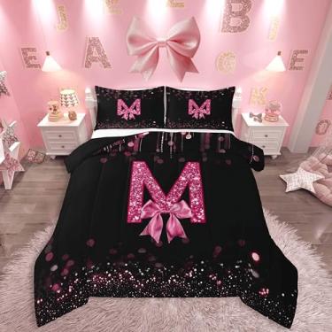 Imagem de jejeloiu Conjunto de edredom com laço preto e rosa para todas as estações, monograma, com 1 fronha, personalizado, inicial M, microfibra, crianças, solteiro, laço, glitter, decoração de quarto