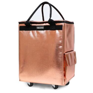 Imagem de (Médio, ouro rosa) Saco de compras reutilizável com rodas, cesto de roupa suja, sacola dobrável com alça e zíper, organizador de armazenamento para roupas e mantimentos, carrinho de compras com