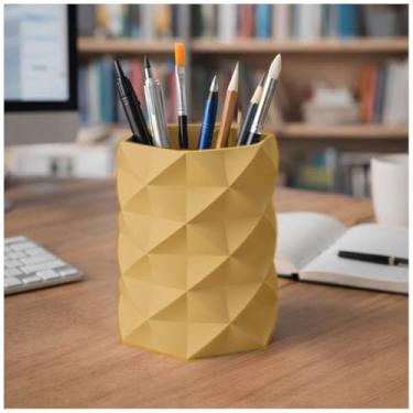 Imagem de Porta Canetas, Lápis, Pincel Geométrico Low Poly, Design Moderno, Organizador de Mesa, Estilo Minimalista (Amarelo)