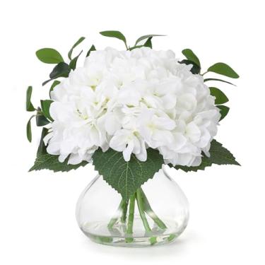 Imagem de homfan Flores artificiais de hortênsia em vaso, arranjos de flores falsas de hortênsia de seda com vaso de vidro e água sintética para decoração de casa, buquês de casamento, centros de mesa, branco