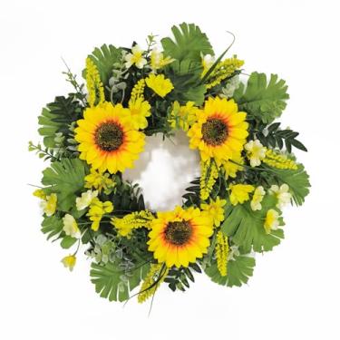 Imagem de Nztze Guirlanda de 55 cm para porta da frente, guirlanda de flores de primavera e verão - Guirlanda de girassol amarelo para decoração de casa, parede de fazenda, varanda, decoração de porta da frente