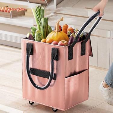 Imagem de Depisuta Sacola de Compras Reutilizável sobre Rodas, Carrinho de Compras Dobrável Com Alças, Saco Rolante Portátil Pequeno Carrinho de Com Rodas, Utilitário para Viagens (Ouro rosa)