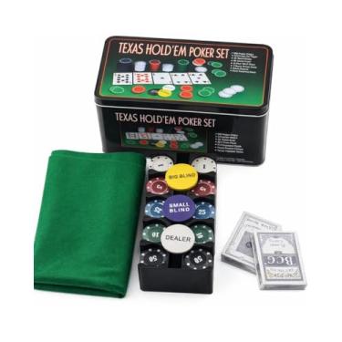 Imagem de Conjunto de Poker Texas Hold'em com 200 Fichas, 2 Baralhos, Toalha Preparada, Fichas Dealer/Big Blind/Small Blind, Lata de Transporte