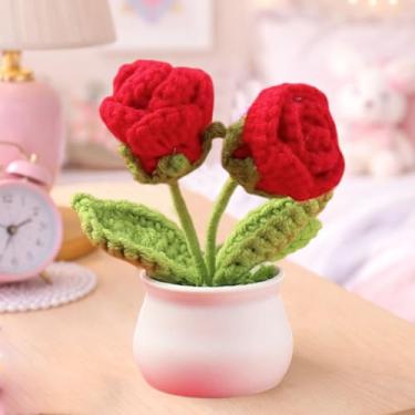 Imagem de Vaso de plantas de crochê dos namorados, mini decoração de malha para casa/escritório, decoração de mesa ecológica, rosa de cabeça dupla
