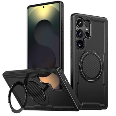 Imagem de POYUFRG Capa magnética para Samsung Galaxy S26 Ultra/S26 Plus/S26, capa fina militar à prova de choque antiderrapante com suporte de anel rotativo, preta, S26 Plus