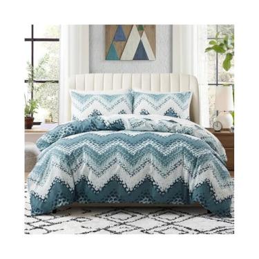 Imagem de Conjunto de capa de edredom geométrico ondulado 2/3 peças de capa de edredom moderna listrada reversível com laços de zíper (EUA solteiro (173 x 229 cm))