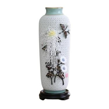 Imagem de Vaso de crisântemo de jade branco retrô moderno para sala de estar arranjo de flores estilo chinês flor oca estudo decoração centro de mesa