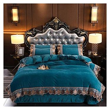Imagem de Conjunto de capa de edredom de inverno, conjunto de capa de edredom, conjunto de cama de casal, lençol de cima, macio, quente, flanela, renda, bordado para cama sem rugas e resistente a manchas P