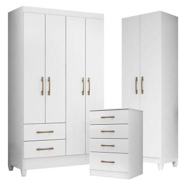 Imagem de Guarda Roupa Solteiro Chile Com Cômoda Ms913 E Armário Multiuso New íris Branco Brilho - Moval