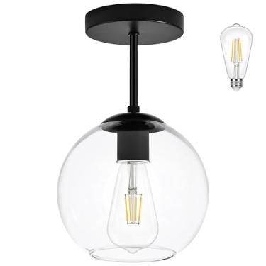 Imagem de Bagood Luminária de teto preta semiembutida com luminária de vidro transparente de meados do século, luminárias de teto seminiveladas pretas para sala de jantar e cozinha (lâmpada incluída)