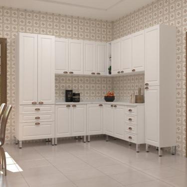 Imagem de Armário De Cozinha Completa 8 Peças Com Tampo Cristal Luciane Móveis Branco Polar Com Branco Pet E Marmore