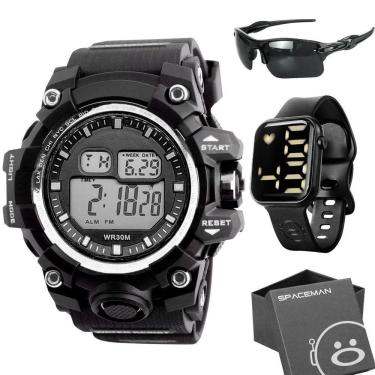 Imagem de Oculos Proteção Uv + Caixa + Relogio Prova Dagua Digital Data Esportivo Presente Preto Alarme