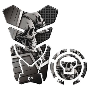Imagem de Kit Adesivo Resinado Protetor Tanque E Bocal Moto Honda Acima 2018 Caveira Preto Prata