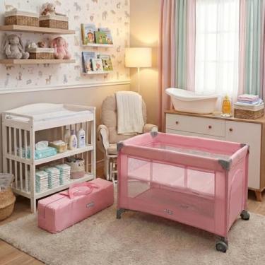 Imagem de Berço Portátil Infantil Multifuncional Cercado com Mosquiteiro e Abertura Lateral (Rosa)