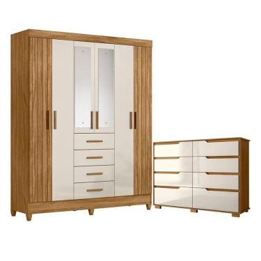 Imagem de Guarda Roupa Solteiro Aruba Com Espelho E Cômoda Georgia Freijó Off White – Moval