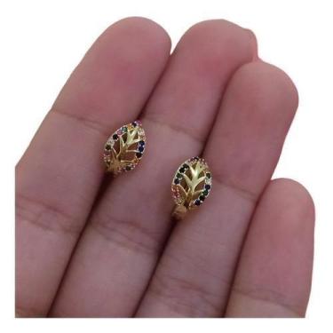 Imagem de Brinco Argola Folha Pedra De Zircônia Colorido F. Ouro 18K - De Castro