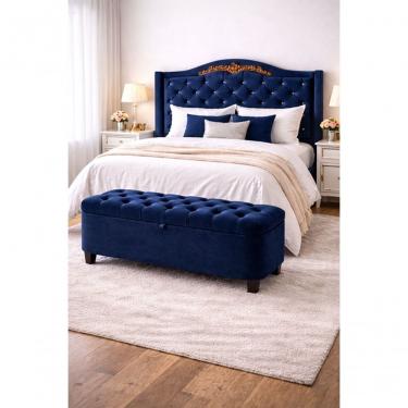 Imagem de Kit De Quarto Lisboa Cabeceira De Cama Box E Calçadeira Baú Queen 160 Cm Suede Azul Marinho Lar Móveis E Decoração