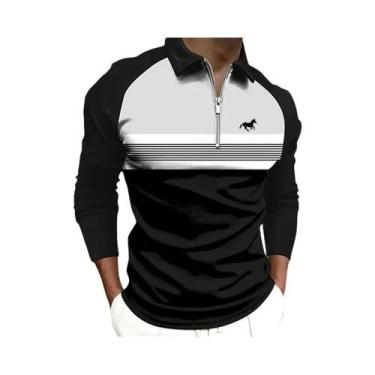 Imagem de Camisa Polo Masculina De Secagem Rápida Com Zíper E Listras, Manga Lon