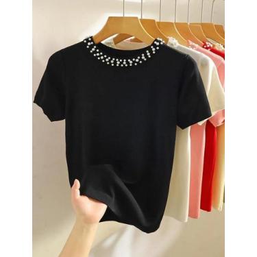 Imagem de Camiseta Tricotada Sem Mangas Feminina Y2K Moda De Verão Preto E Branc