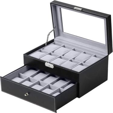 Imagem de Maleta Dupla Para 20 Relogios Estojo Com Gaveta Caixa Porta Relogio Organizadora 2 Andares Em Madeira E Couro Com Visor