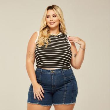 Imagem de Short Bermuda Jeans Feminino Plus Size Cintura Alta Confortável Lycra 