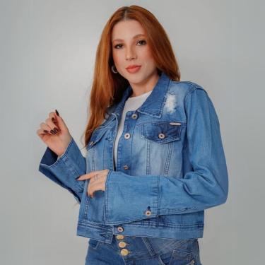 Imagem de Jaqueta Feminina Jeans Cropped Destroyed Manga Longa Flare Com Botão Gola Colarinho-Fem...
