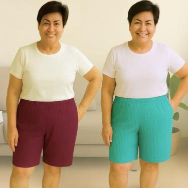 Imagem de Kit 2 Bermudas Plus Size Gorgurão Feminina Senhora Básica Cor:Vinho+Ve