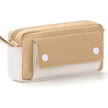 Imagem de Estojo de lápis, bolsa de lápis de grande capacidade, bolsa durável, suprimentos de diário portátil com alça fácil, bolsa simples de viagem de marcador, organizador estético de escritório escolar para meninas adultas (cáqui)