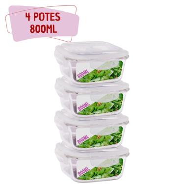 Imagem de 4 Potes Hermetico 800ml Quadrado Vidro Microondas Grande