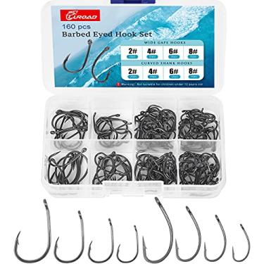 Imagem de Luroad Conjunto de ganchos de pesca de carpa, 160 peças haste curvada farpada e ganchos de carpa largos, ganchos de pesca grossos de teflon vêm em várias seções de equipamentos de caixa de armazenamento tamanho 2, 4, 6, 8, 10