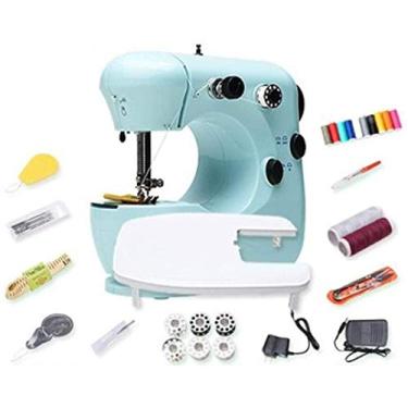 Imagem de Máquina de costura doméstica mini máquina de costura multifuncional elétrica pequena máquina de costura manual (18 acessórios gratuitos) azul atualizado