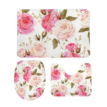 Imagem de My Little Nest Conjunto de 3 peças de tapete de banheiro floral com rosas rosas, tapete de banheiro de espuma viscoelástica, antiderrapante, lavável, tapete de contorno e tampa para banheiro