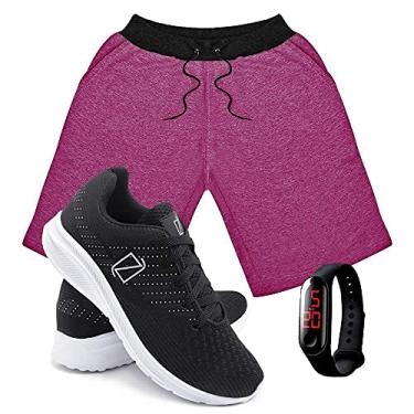 Imagem de Kit Bermuda Moletom Masculina + Tenis Masculino Conforto + Relógio Digital - Rosa-PretoBranco/M-39