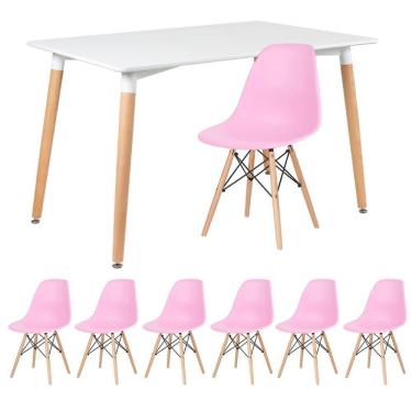 Imagem de Mesa Retangular 80 X 120 Cm Branco + 6 Cadeiras Rosa Claro