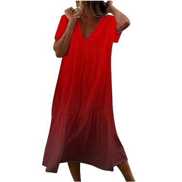 Imagem de Vestido feminino casual gradiente de cor solta gola V manga curta vestido de praia vestido longo feminino casual vestido envolvente, Vermelho, M