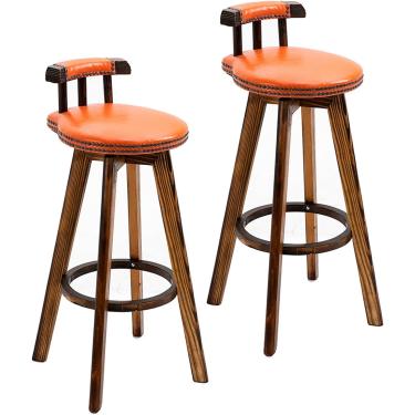 Imagem de Conjunto de bancos de bar rotativos com 2 cadeiras retrô de madeira maciça, com almofada e encosto de PU, para café da manhã em bares, cafés, restaurantes, banco alto, carga de 150 kg, laran