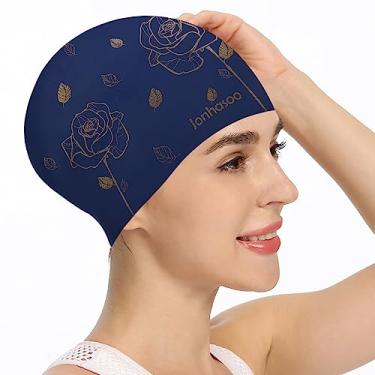 Imagem de Jonhosoo Touca de natação de silicone para mulheres, touca de natação de cabelo longo impermeável com estampa de flores (azul marinho)