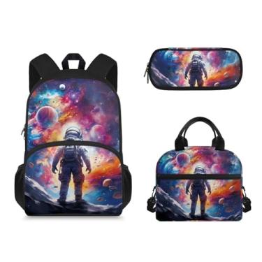 Imagem de Spowatriy Conjunto de mochila para meninos 38 cm à prova d'água Planet Astronaut para crianças pré-escolares 3 em 1 conjunto de mochila escolar com lancheira e estojo de lápis, mochila de grande