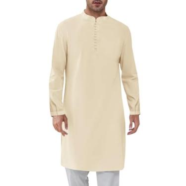 Imagem de Runcati Camisa masculina Kaftan Thobe abotoada Henley robe manga longa casual algodão linho muçulmano camisa, Bege, M