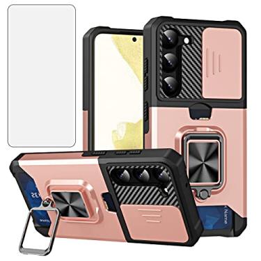 Imagem de Asuwish Capa de telefone para Samsung Galaxy S23 5G com capa de câmera deslizante e protetor de tela de vidro temperado porta-cartão suporte de anel rígido híbrido slot móvel acessórios para celular S 23 23S G5 mulheres homens ouro rosa