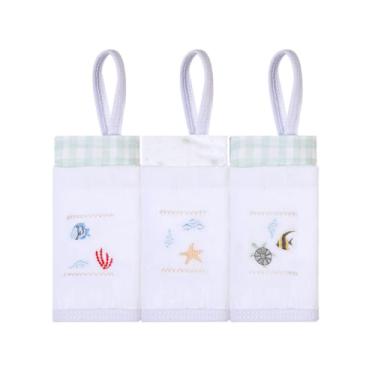 Imagem de Pano Paninho Toalha Toalhinha de Boca Bordado Para Bebê Menino Menina Com Prendedor de Chupeta, 40x40cm, Algodão, Conjunto com 3 Unidades (FUNDO DO MAR)