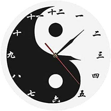 Imagem de Relógio de parede yin yang com números chineses, feng shui zen arte de parede preto e branco taijitu símbolo de equilíbrio espiritual relógio de parede presente