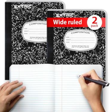 Imagem de EXTRIC Caderno de composição pautado amplo – Cadernos de composição para material escolar, pacote com 2, 200 páginas (100 folhas) Cadernos escolares pautados largos