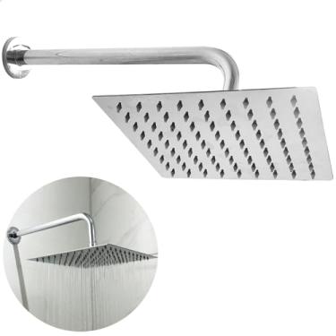 Imagem de Dona D Cor, Chuveiro Quadrado Inox 30x30 A Gas De Parede Banheiro Moderno Ducha Cascata Fria Slim 30cm Braço Suporte Curvado Chuveirão Externo Piscina Square