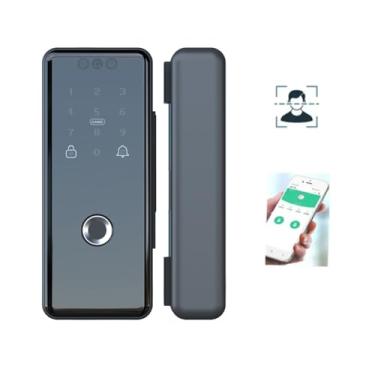 Imagem de wisuwore Fechadura de vidro inteligente, WiFi, reconhecimento facial 3D, biométrico, impressão digital, teclado digital de segurança, fechadura eletrônica sem chave para porta dupla sem moldura,
