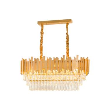 Imagem de Luminária Pendente Lustre Retangular Luxuoso Dourado e Cristais Vana Sindora inl107